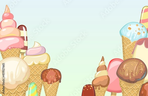 Various miscellaneous ice cream. Frame for text. Background illustration. In waffle glasses and cones. Popsicle on sticks. Summer food sweet dessert. Flat design. Vector