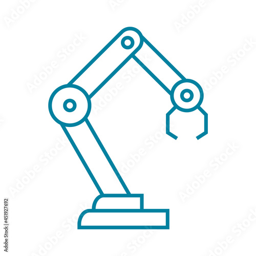 Blue robotic arm line icon. Automation process in industry. Innovation and Artificial intelligence. Factory mechanical robot symbol. Industrial revolution 4.0. Vector illustration, flat, clip art.
