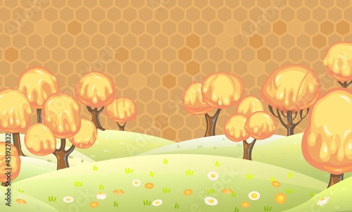 Fabulous sweet landscape with honey trees. Children's fantastic illustration with a honeycomb. Cartoon style. Cute cheerful scene. Summer flower hills. Vector