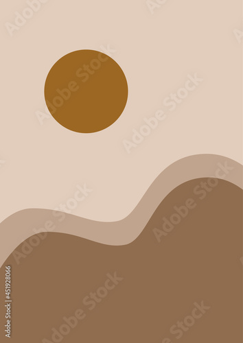 Abstract boho print with sun and desert in nude colours. Retro landscape minimal illustration. Wall decor art