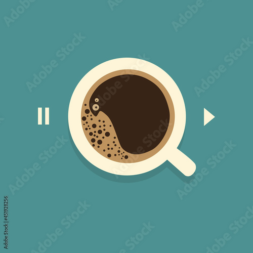 Creative poster with realistic mug and espresso for cafe design. Coffee cup top view.  Vector illustration
