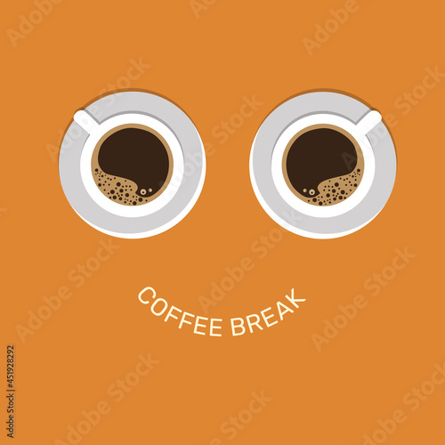 Creative poster with realistic two mug and espresso for cafe design. Coffee cups top view. Coffee break.  Vector illustration