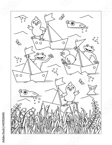 Coloring page with pond regatta scene: sailboats, chicks, frogs, grassy coastline, fish
