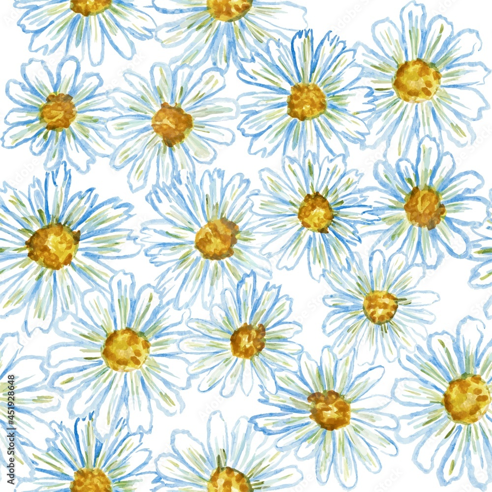 Seamless vector pattern of chamomile flowers. Hand-drawn blue and white flowers with yellow centers, stylized as watercolor Seamless vector pattern of chamomile flowers. Hand-drawn blue and white flowers with yellow centers, stylized as watercolor