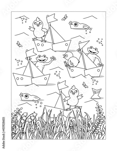 Coloring page with pond regatta scene: sailboats, chicks, frogs, grassy coastline, fish 