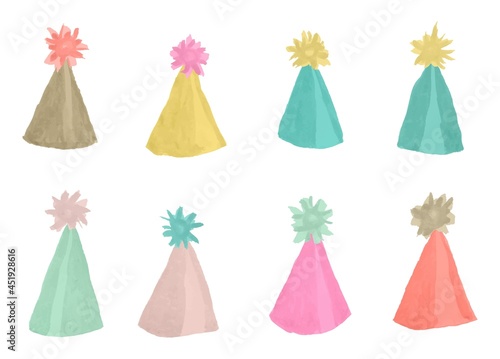 Vector set of multicolored party hats with a pom pom stylized as a watercolor. Set of hand-drawn bright holiday caps isolated on white background