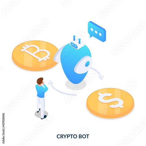 Crypto bot concept. Artificial intelligence for trading automation. Isometric vector illustration on white background.Isometric vector illustration on white background.