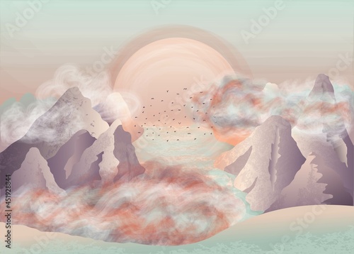 The big moon hangs over the lake among the mountains in the clouds. Beautiful mountain landscape stylized as a watercolor. Creative painting in blue-violet-red pastel colors