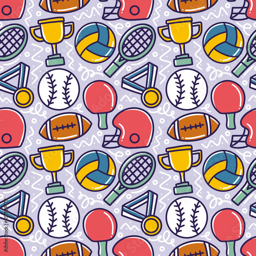 colorful seamless doodles of sports elements