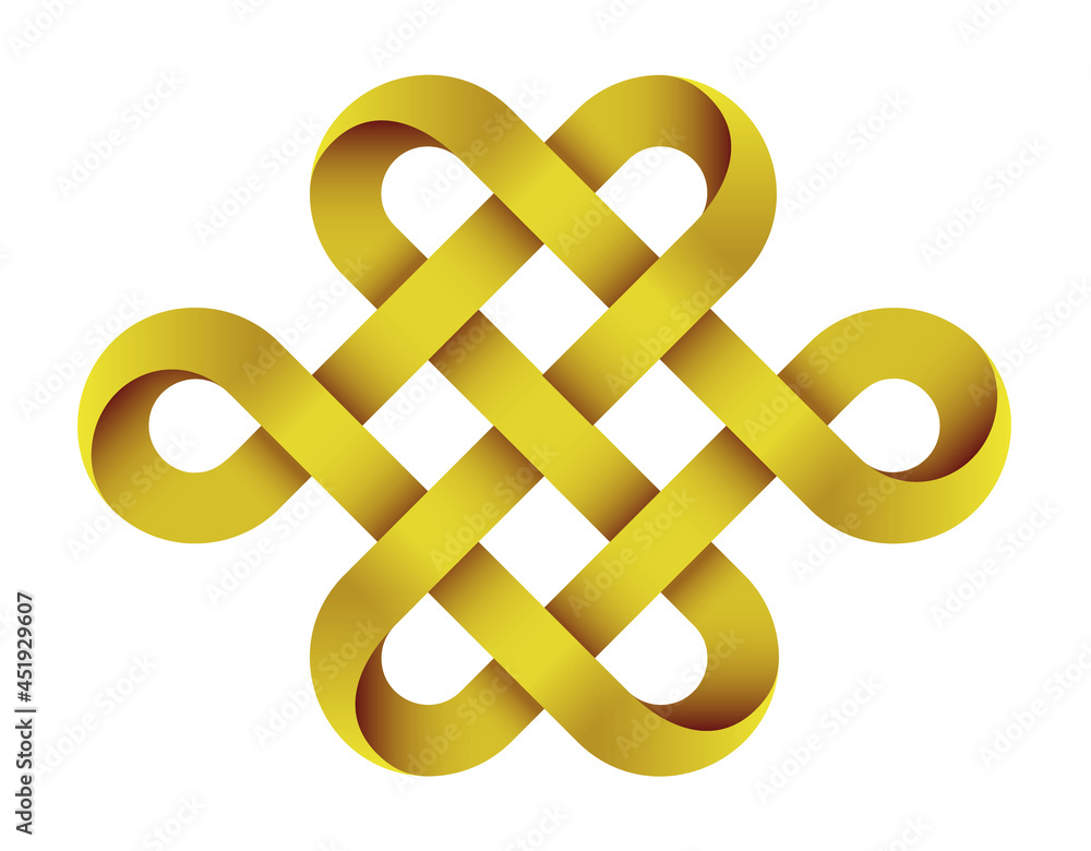 Endless knot made of intertwined gold mobius stripes. Traditional buddhist symbol. Endless knot made of intertwined gold mobius stripes. Traditional buddhist symbol.