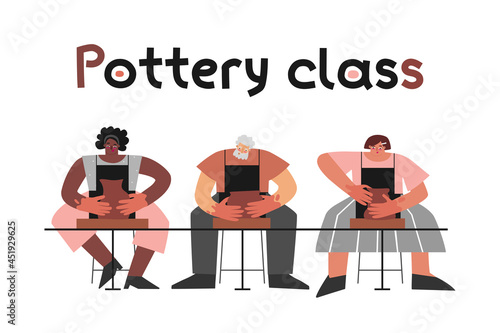 Vector flat isolated concept. Workshop in clay studio. Adult group of people (African American and Latin women and old man) makes ceramic dishes on wheel throwing. Cartoon text - Pottery class