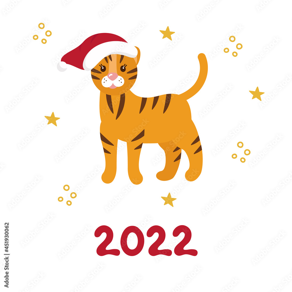 New Year's card with a tiger in a red cap, the symbol of 2022. Vector clipart, isolated illustration. New Year's card with a tiger in a red cap, the symbol of 2022. Vector clipart, isolated illustration.