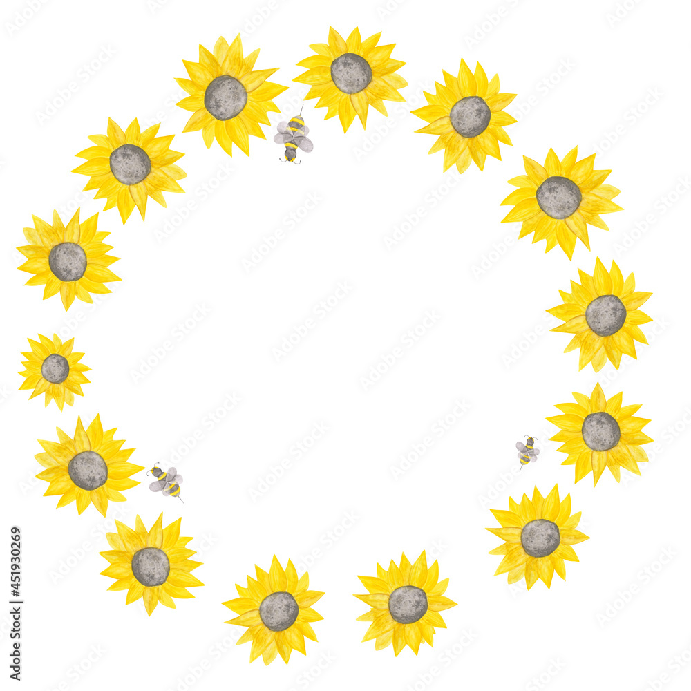 Watercolor sunflowers and honey bees empty frame with on a white background. Round yellow floral template. Cute sunflowers wreath for wedding invitation and more. Watercolor sunflowers and honey bees empty frame with on a white background. Round yellow floral template. Cute sunflowers wreath for wedding invitation and more.