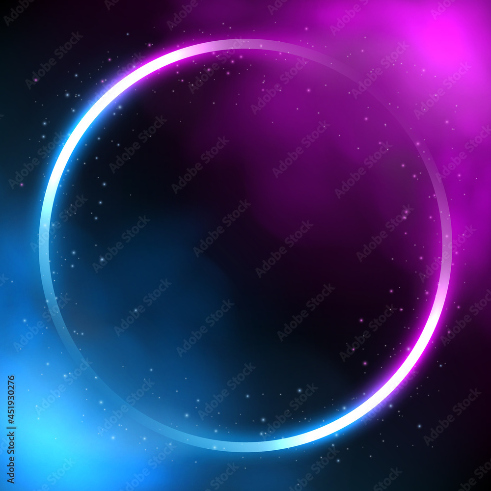 Glowing circle neon lighting frame, Futuristic background with smoke. Vector Illustration