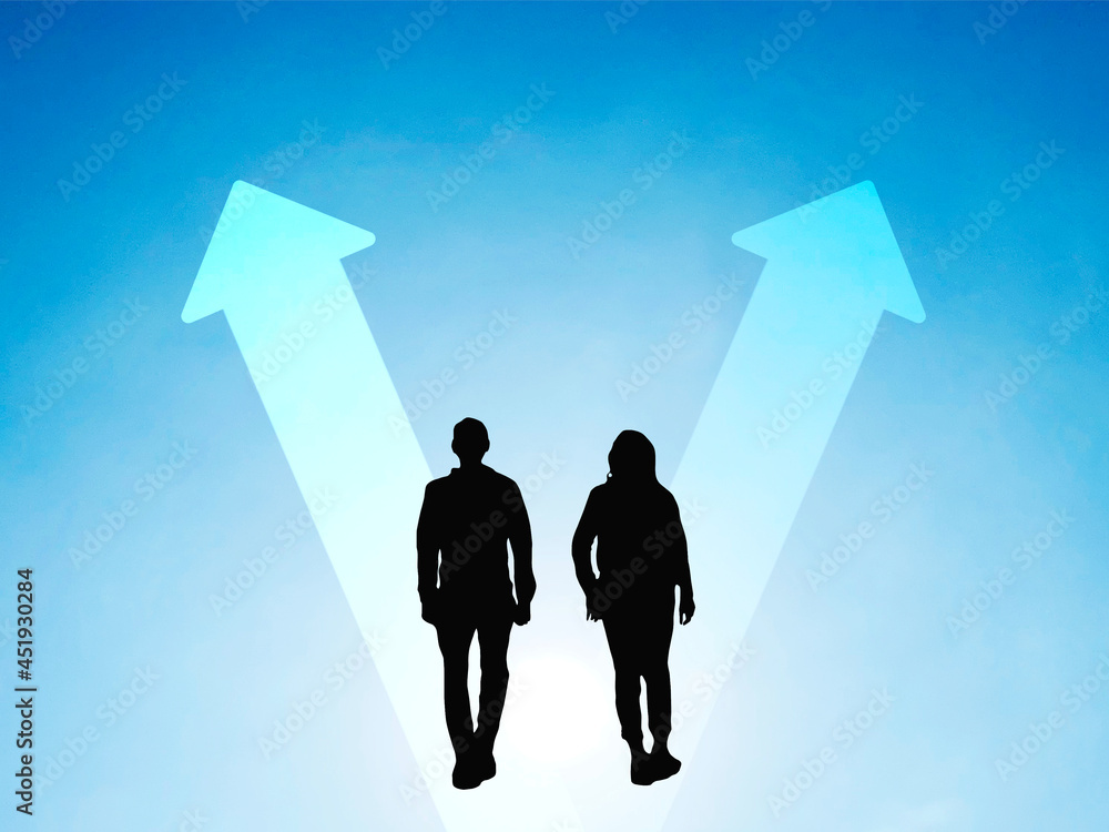青空に2方向の矢印と男女のシルエット Stock Illustration Adobe Stock