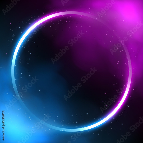 Glowing circle neon lighting frame  Futuristic background with smoke. Vector Illustration