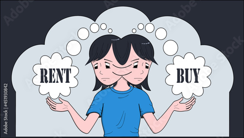 Cartoon of a young millennial woman switching back and forth between looking at a thought bubble that says "Rent" and one that says "Buy".