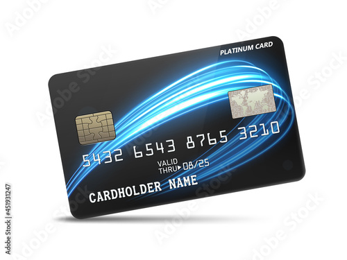 Detailed glossy platinum credit card with wavy neon light decoration, isolated on white background. Vector Illustration