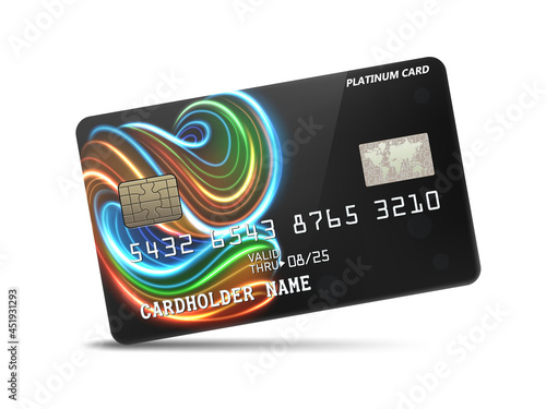 Detailed glossy platinum credit card with wavy neon light decoration, isolated on white background. Vector Illustration