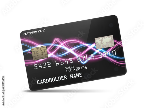 Detailed glossy platinum credit card with wavy neon light decoration, isolated on white background. Vector Illustration