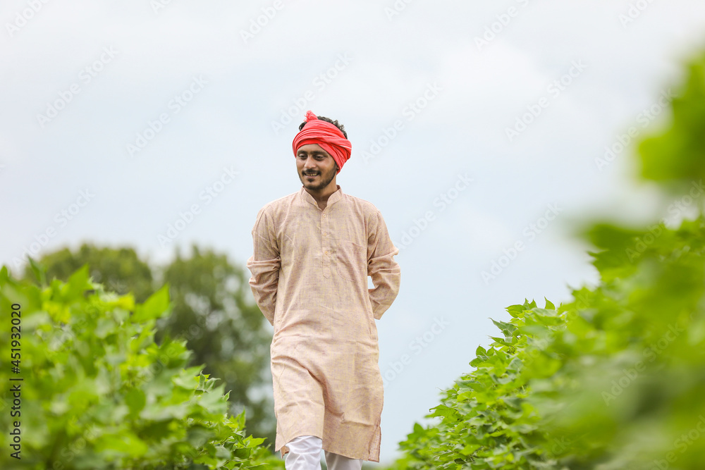 Young indian farmer standing at agriculture field. Young indian farmer standing at agriculture field.