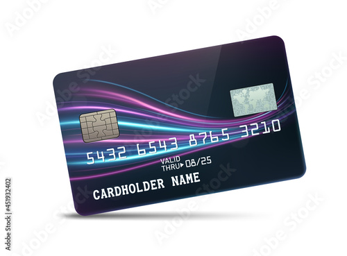 Detailed glossy platinum credit card with wavy neon light decoration, isolated on white background. Vector Illustration