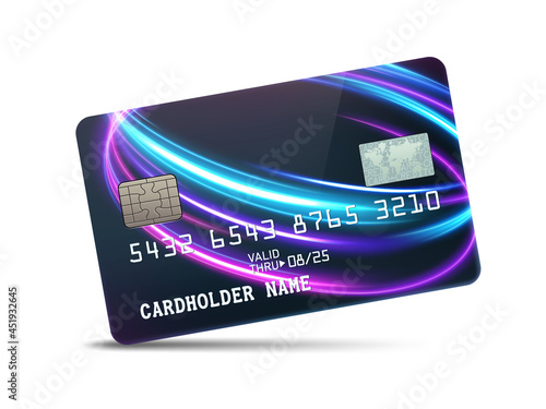 Detailed glossy platinum credit card with wavy neon light decoration, isolated on white background. Vector Illustration