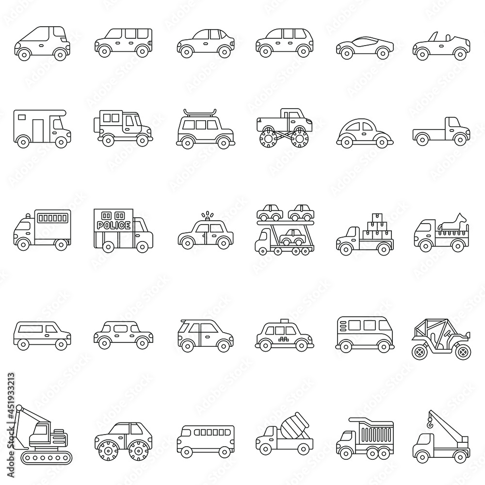 Outline city vehicles flat icon collection set Outline city vehicles flat icon collection set