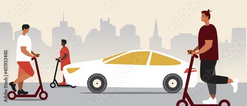 People on e-scooter in urban, flat vector stock illustration with car and young man and woman on e-scooter for movement