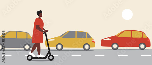 Traffic jam of cars and e-scooter, flat vector stock illustration with traffic jam of cars and afro woman on e-scooter