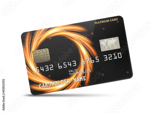 Detailed glossy platinum credit card with wavy neon light decoration, isolated on white background. Vector Illustration