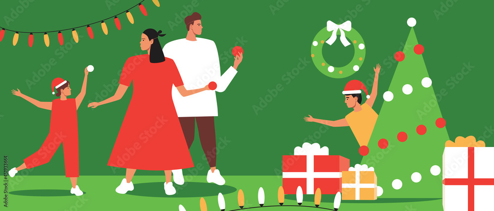 Kids with Family at Christmas, Flat Vector Stock Illustration with Kids with Mom, Dad and Christmas Tree Decoration as Time Together Kids with Family at Christmas, Flat Vector Stock Illustration with Kids with Mom, Dad and Christmas Tree Decoration as Time Together