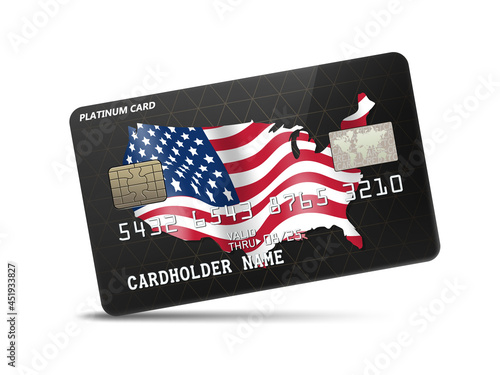 Detailed glossy platinum credit card with united states flag and map, isolated on white background. Vector Illustration