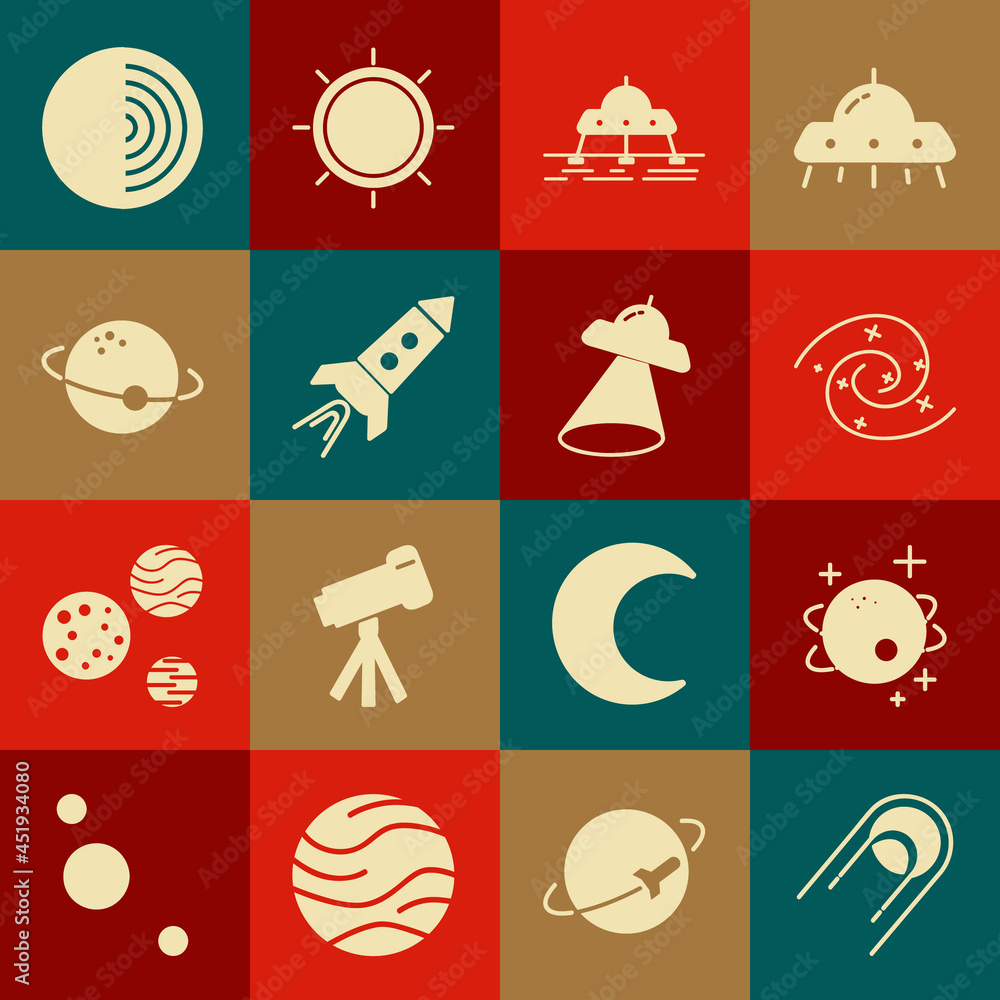 Set Satellite, Planet, Black hole, Mars rover, Rocket ship with fire ...