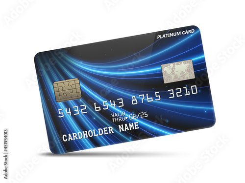 Detailed glossy platinum credit card with wavy neon light decoration, isolated on white background. Vector Illustration