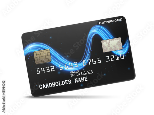 Detailed glossy platinum credit card with wavy neon light decoration, isolated on white background. Vector Illustration