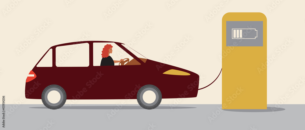 Electric car charging station, Flat vector stock illustration with Woman driver charging electromobility