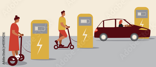 Electric car, garoscooter, electric scooter for the environment, Flat vector stock illustration with Eco-friendly transport and charging station