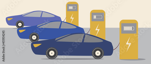Electric cars at charging station, Flat vector stock illustration with Eco-friendly electromobility and Battery charging parking