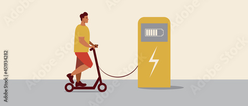 E-scooter charging station, Flat vector stock illustration with Eco-friendly transport electro scooter with Man