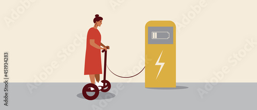 Giro scooter charging station, Flat vector stock illustration with Eco-friendly transport hoverboard and Woman on gyro
