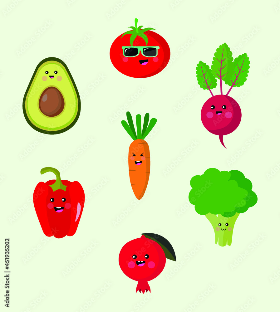set of cute vegetables with cartoon faces set of cute vegetables with cartoon faces