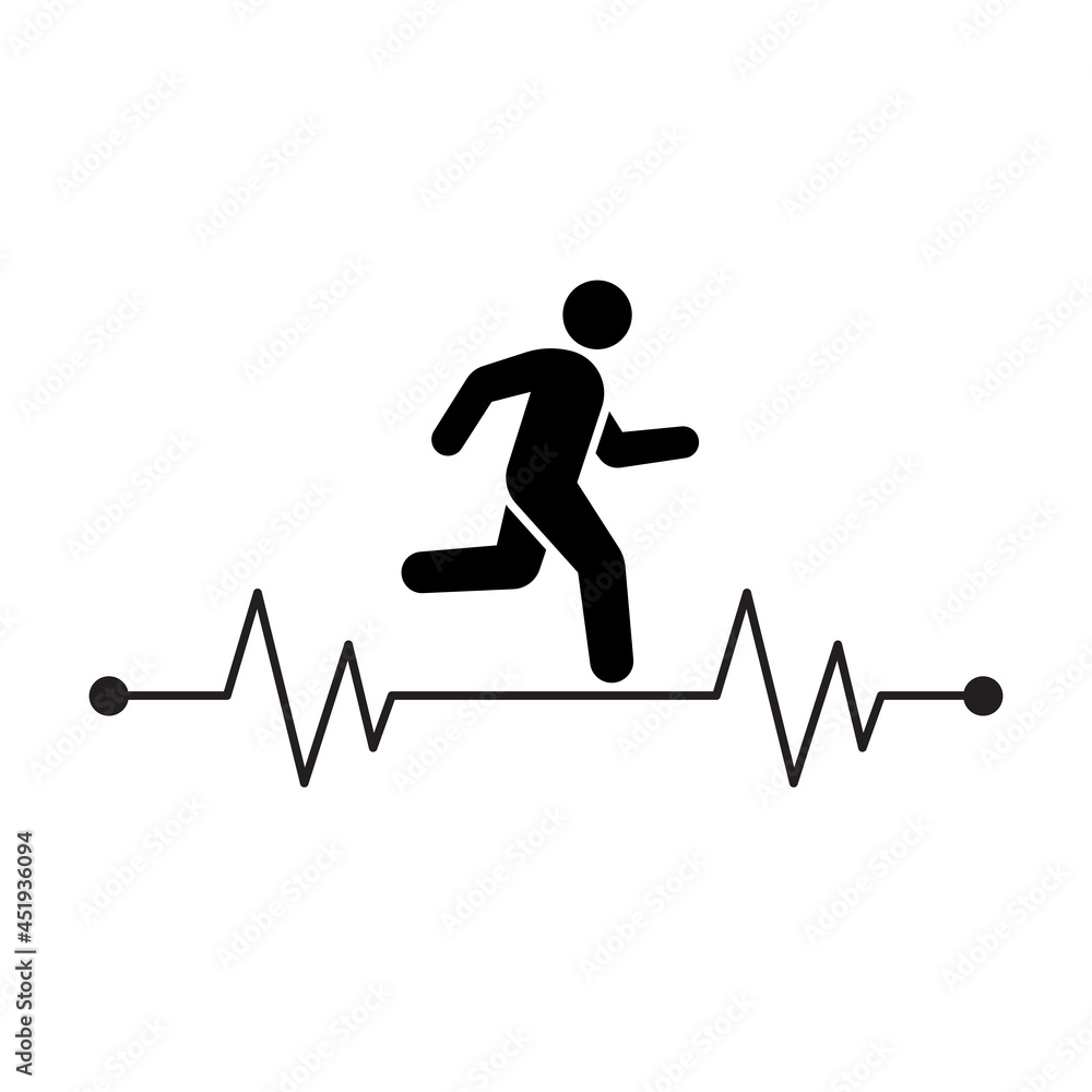 Running man with line ecg heartbeat icon, Healthy cardio pulse stronger, Simple pictogram flat design symbol, Isolated on white background, Vector illustration Running man with line ecg heartbeat icon, Healthy cardio pulse stronger, Simple pictogram flat design symbol, Isolated on white background, Vector illustration