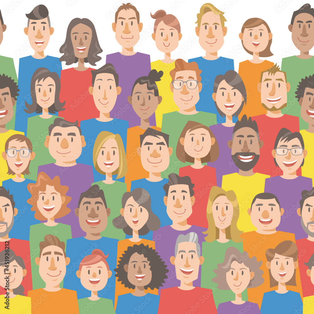 Seamless pattern with group of smiling people. Concept of diversity, inclusion, rainbow, global, pride. Vector illustration in flat cartoon style. Seamless pattern with group of smiling people. Concept of diversity, inclusion, rainbow, global, pride. Vector illustration in flat cartoon style.