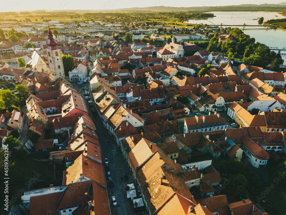 Ptuj Cityscape at Sunrise. Slovenia Oldest City from Above Drone