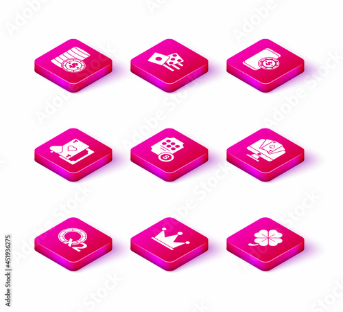 Set Casino chips, Crown, Playing card with heart, Online slot machine, Four leaf clover, poker table game, and Game dice icon. Vector