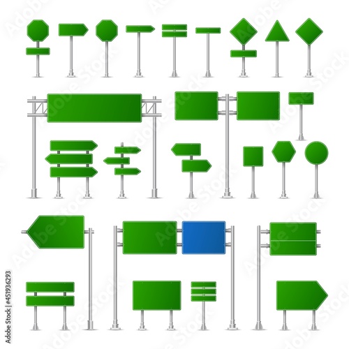 Realistic green street and road signs. City illustration vector. Street traffic sign mockup isolated, signboard or signpost direction mock up image