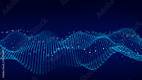 Abstract wave shaped array of glowing dots. Wave 3d. Abstract wave dots in dark background. Data technology background.