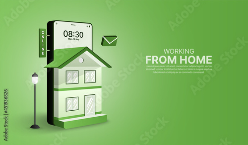 Work from home by mobile application and website on Smartphone in form of house, Online working and social distancing concept