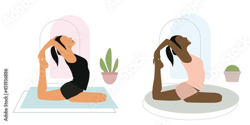 White and black girls doing yoga on the colorful carpet